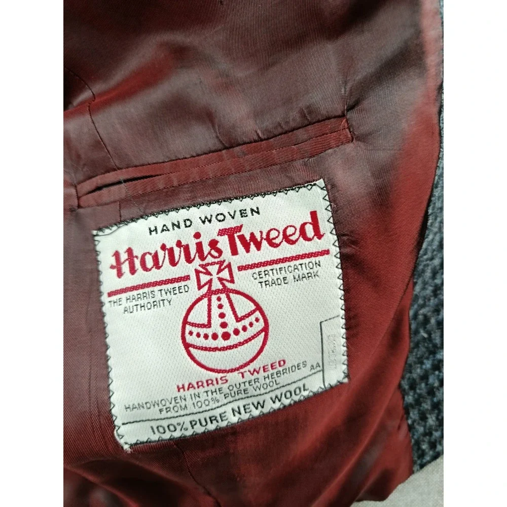 Harris Tweed Blazer Mens 38 S Charcoal Houndstouth Wool Elbow Patches Jacket